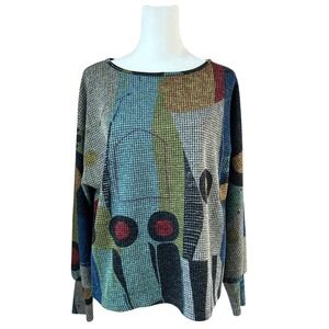Pure Essence multicolor abstract art print knit long sleeve sweater